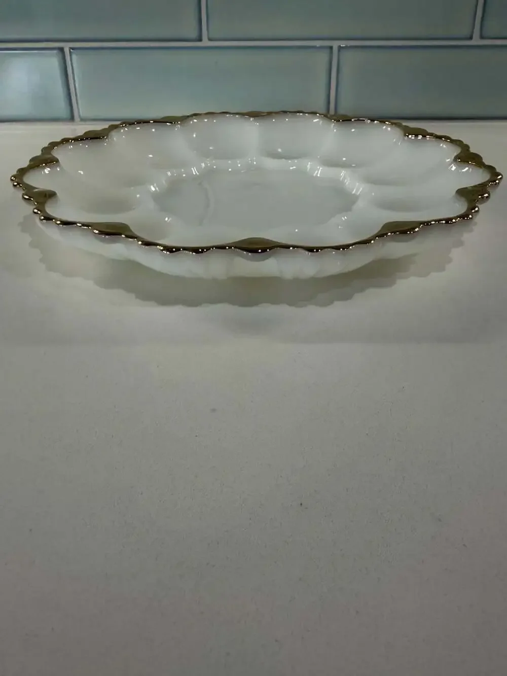 Vintage Anchor Hocking Fire King Milk Glass Deviled Egg Platter with Gold Trim